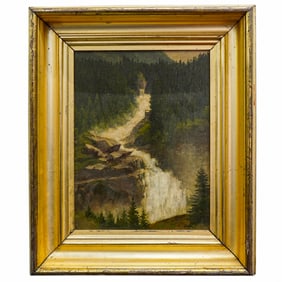 American School River Waterfall Landscape Oil On Board