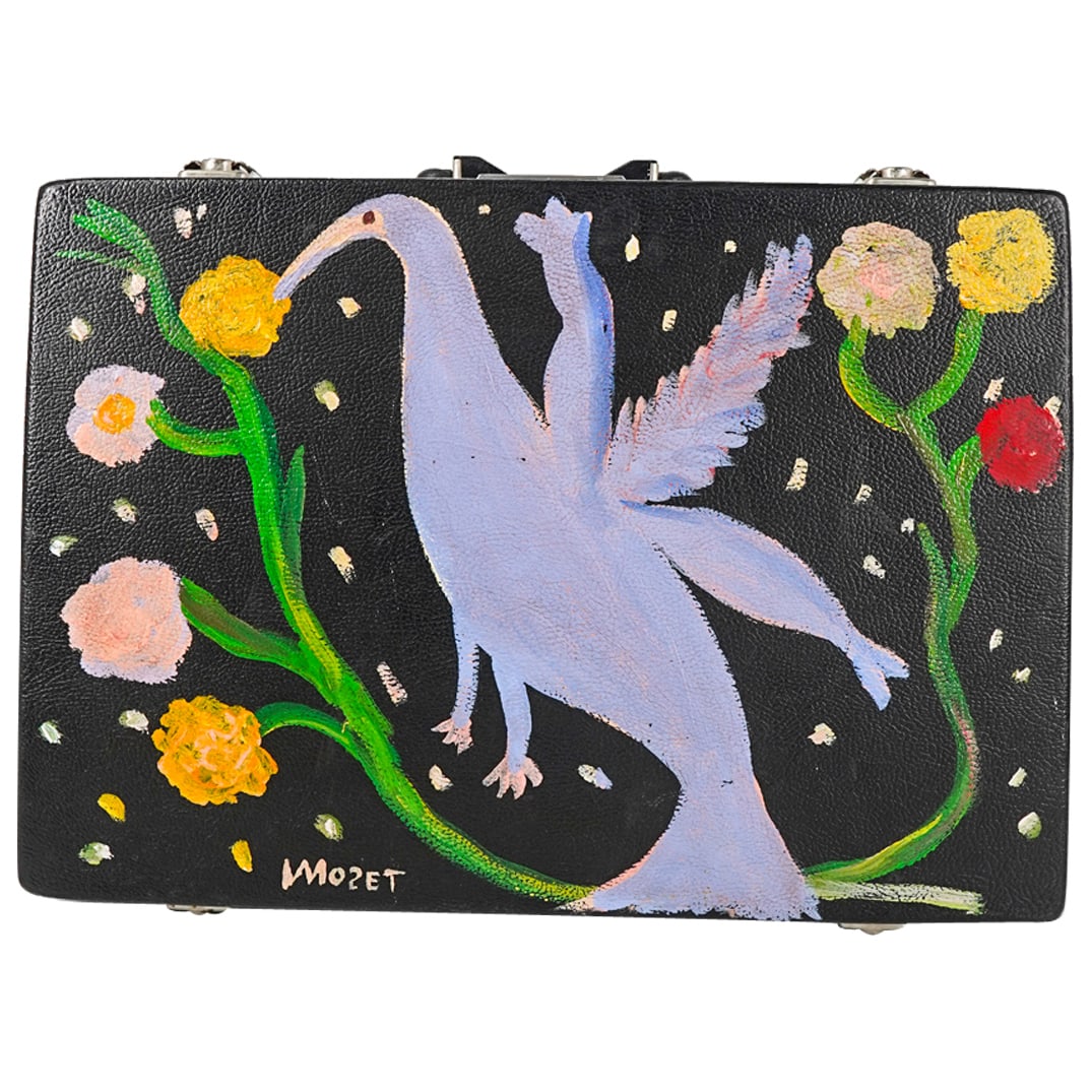 MOSE ERNEST TOLLIVER, (American, 1924-2006) Mixed Media on Briefcase: DESCRIPTION: MOSE ERNEST TOLLIVER (American, 1924-2006)Mixed Media on briefcase depicting on either broad side a long-beaked bird among flowers, foliage, and dotted accenting. Signed "MOSET" at lower