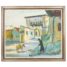 Signed Vintage Israeli Street Scene Oil On Canvas