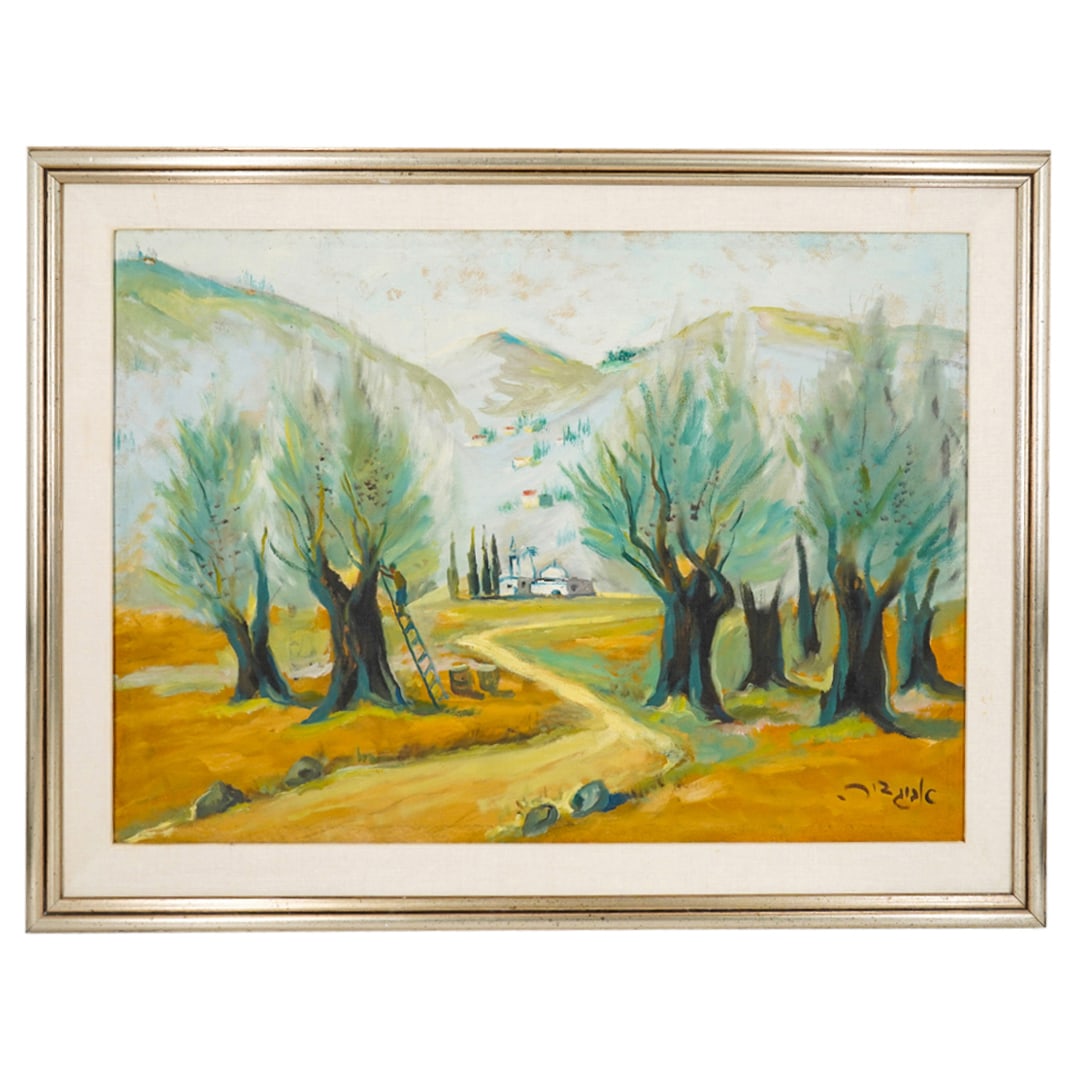 Signed Vintage Israeli Rural Harvest Scene Oil On Board: DESCRIPTION: Oil on board painting depicting a man on a ladder harvesting from a tree in the countryside. Signed at lower right and mounted in a wooden frame. CIRCA: 20th Century ORIGIN: Israel DIMENS