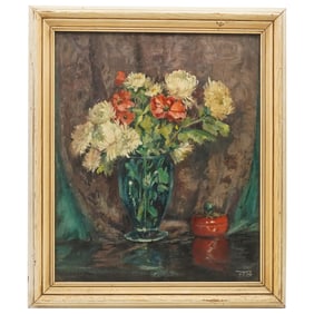 Signed FAB Flower Vase Still Life Oil On Canvas On Board