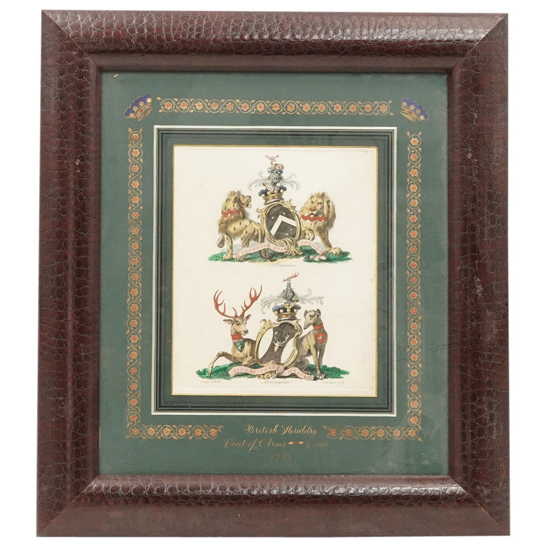 Antique British Heraldic Coat of Arms Engraving: DESCRIPTION: Antique British heraldic coat of arms engraving with lions, deer, and hounds. Signed Sommers and Boringdon, Originally drawn by "C. Catton R.A. del" published by "F. Chescham Sculp". Moun