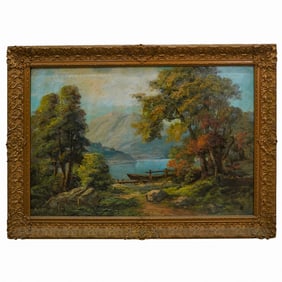 Signed Marino Lakeside Landscape Oil On Canvas