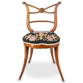 Vintage Italian Biedermeier Saber Leg Accent Side Chair W/ Needlepoint Seat