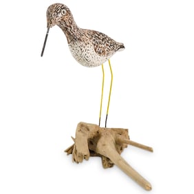 Signed Hand Carved Wooden Yellowleg Shorebird Sculpture