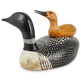 Signed Duck With Duckling Hand Carved Wooden Sculpture