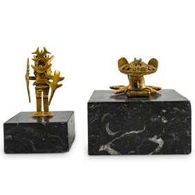 (2 Pc) Pre Columbian Style Gilt Figurines On Marble Bases