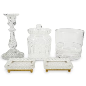 (5 Pc) Crystal Ashtrays, Baccarat Candlestick, Ralph Lauren Ice Bucket & Waterford Jar