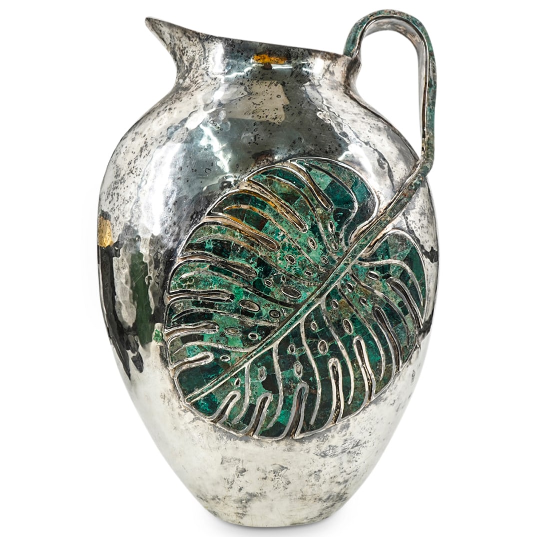 Important Large Emilia Castillo Silver Plated Leaf Malachite Pitcher (1 of 6)