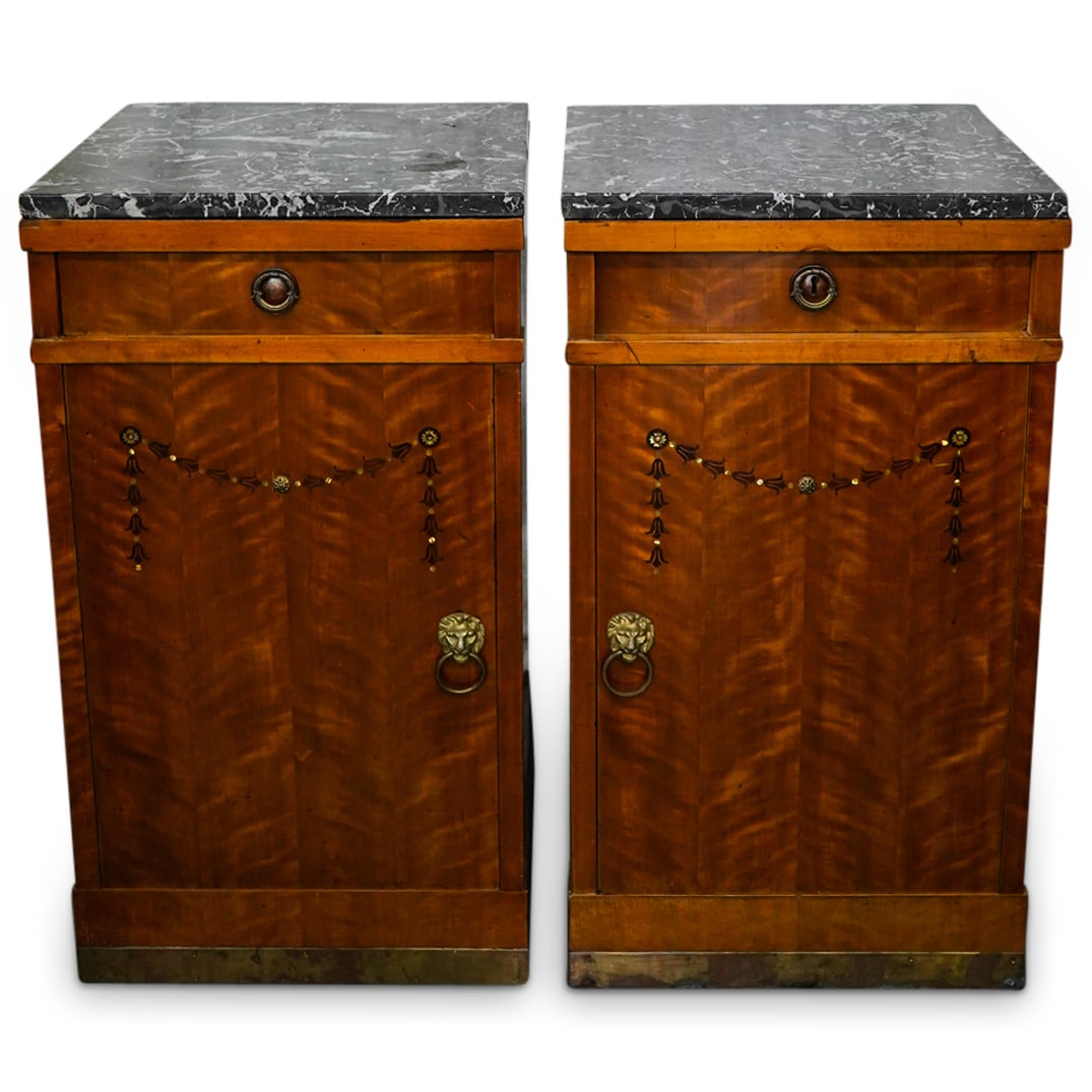 Pair Antique Marquetry, Marble & Bronze Nightstands (1 of 16)