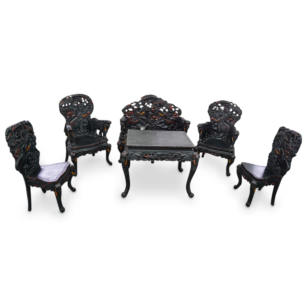 (6 Pc) Southeast Asian Carved Wooden Elephant Furniture Set (1 of 20)