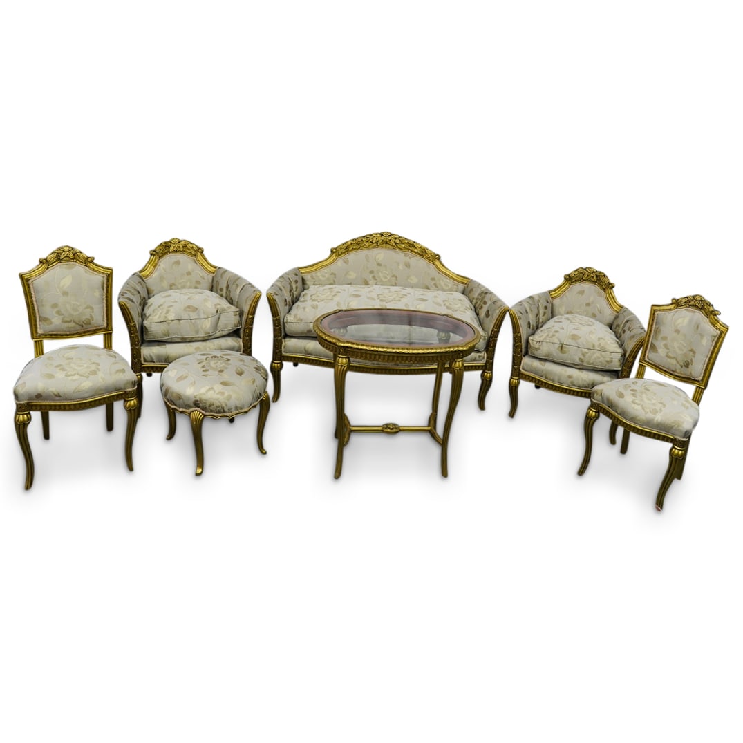 (7 Pc) French Giltwood & Silk Upholstered Living Room Set (1 of 20)