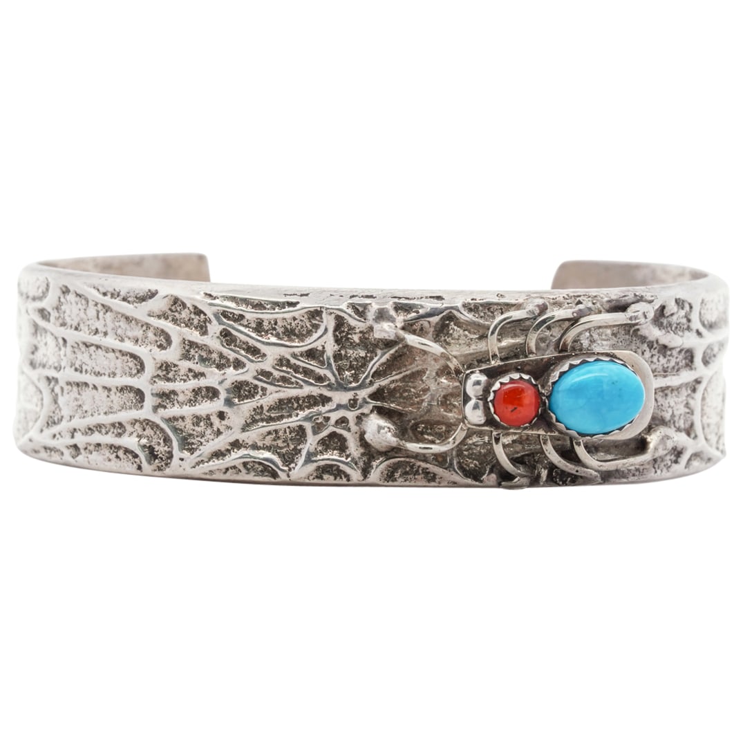 Navajo Old Pawn Sterling Silver, Coral and Turquoise Spider Cuff (1 of 4)