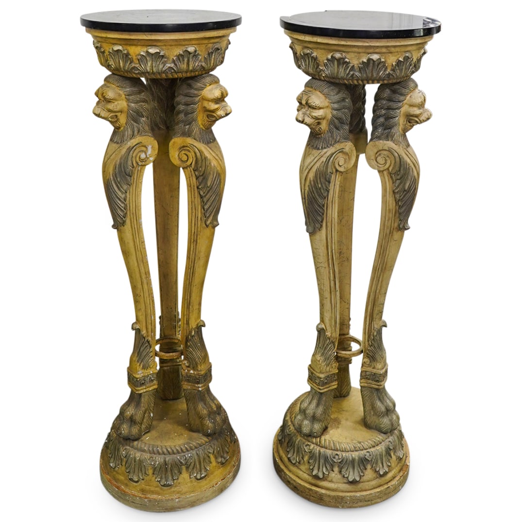 Pair Of Vintage European Black Hard Stone And Composite Lion Pedestals (1 of 7)
