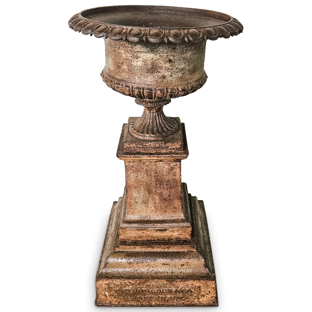 Neoclassical Style Large Cast Metal Garden Urn Planter On Plinth (1 of 7)
