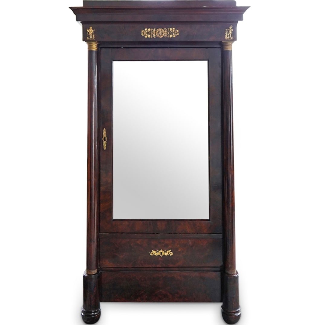 Empire Style Wooden Secretary: DESCRIPTION: Empire-style wooden secretary featuring mirrored front, two columns, and figural, foliage, grape cluster, and swan motifs. CIRCA: Mid 20th - Early 21st Century ORIGIN: Western DIMENSIONS: