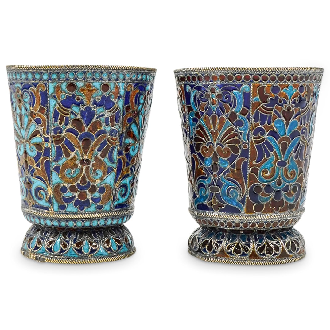 Pair 1890 Russian Lev Fridrihovitch Silver Plique-A-Jour Filigree Vodka Cups (1 of 5)