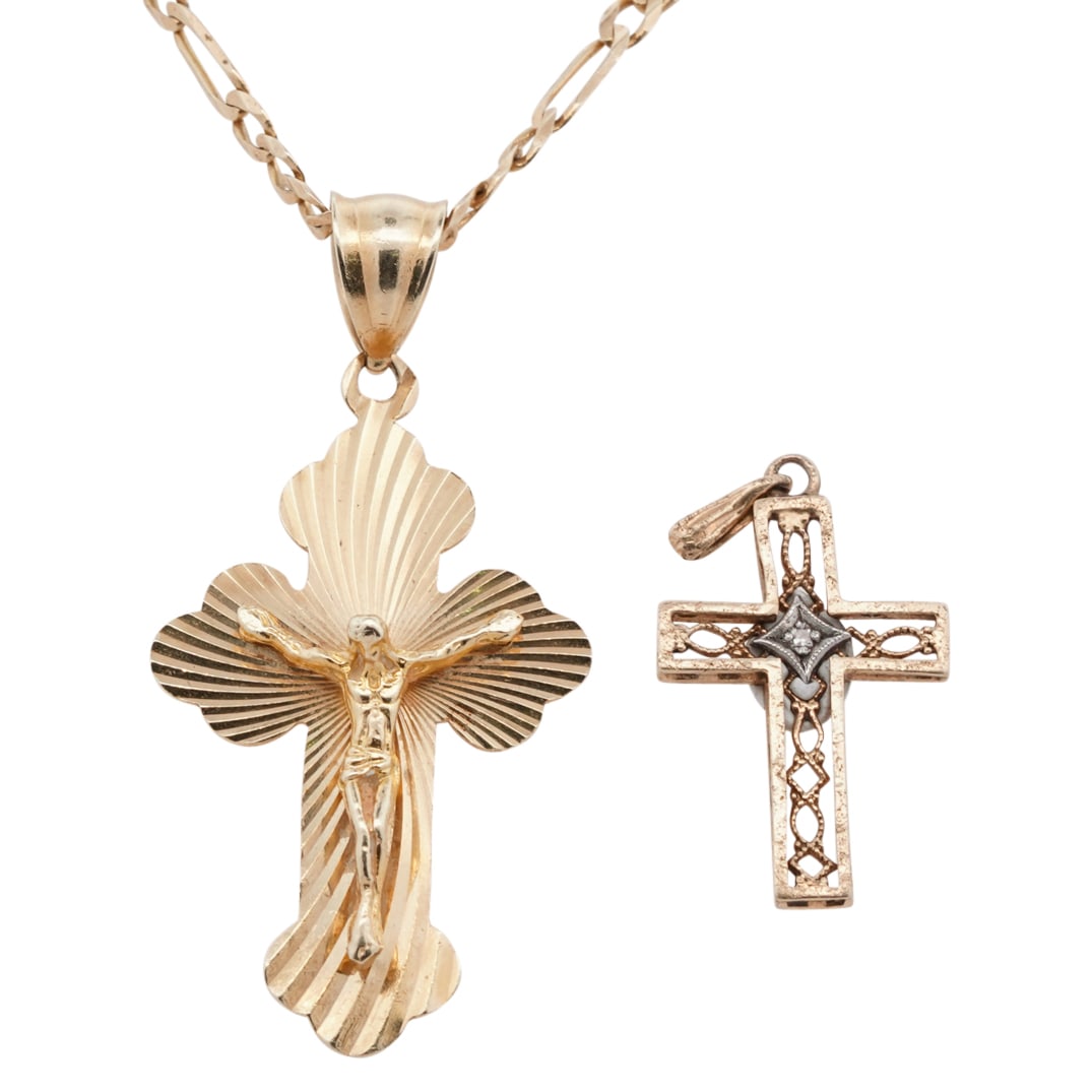 (2 Pc) 14k Gold Cross Pendants and Necklace (1 of 7)