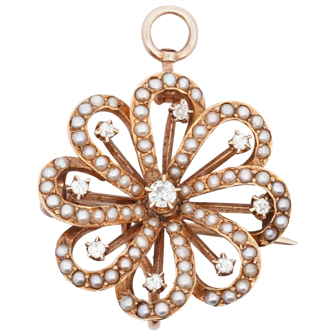 18K Gold Algerian Knot Brooch W/ Seed Pearls And Diamonds (1 of 3)