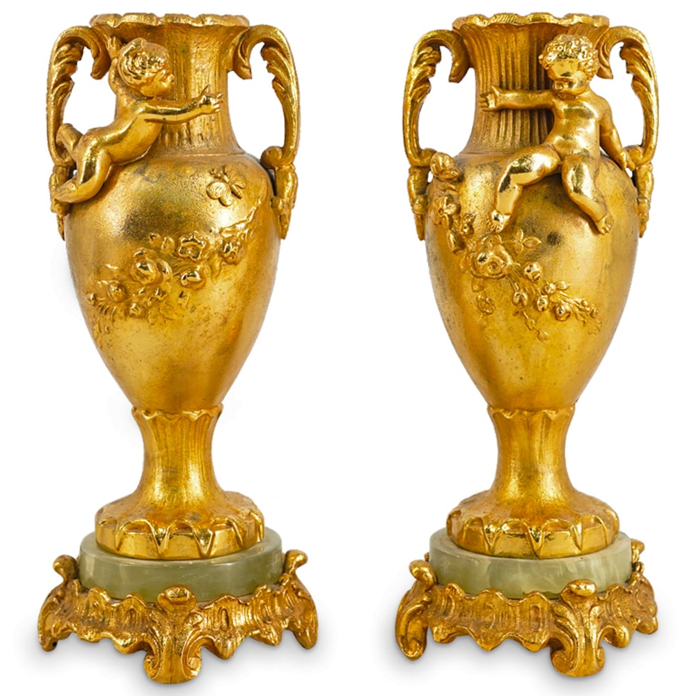 Pair Antique Gilt Mixed Metal & Onyx Putto Vases (1 of 5)