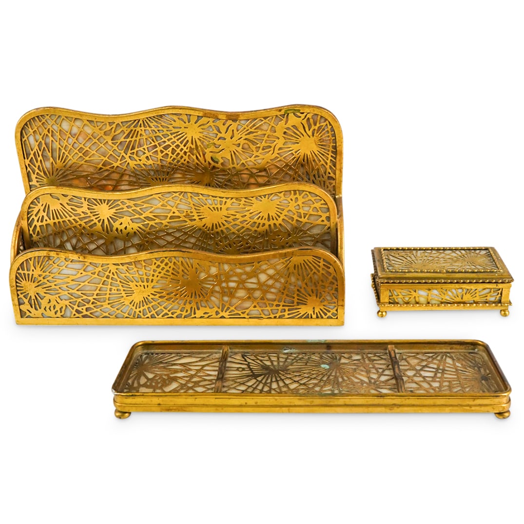 (3 Pc) Art Nouveau Period Tiffany Studio Bronze Slag Glass Desk Set (1 of 8)