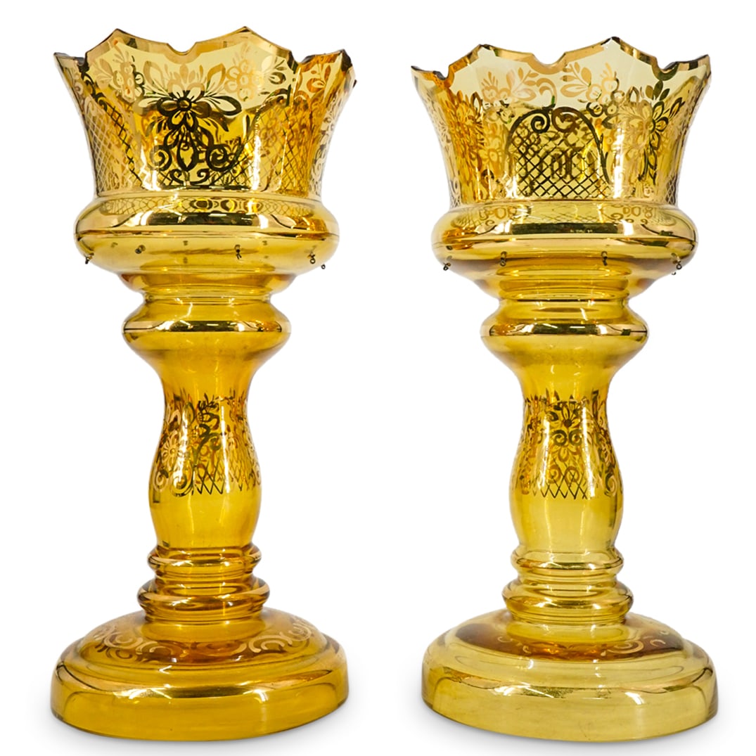 Pair Of Bohemian Butterscotch Glass Candle Lusters (1 of 6)