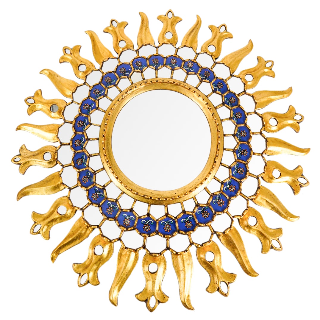 Gilt Wood Tiered Flower Accented Sunburst Mirror: DESCRIPTION: Mirror in the form of a sun featuring gilt wood and tiered design accented with floral motifs against blue backgrounds. CIRCA: 20th Cent. ORIGIN: Continental DIMENSIONS: D: 28" CONDITION: