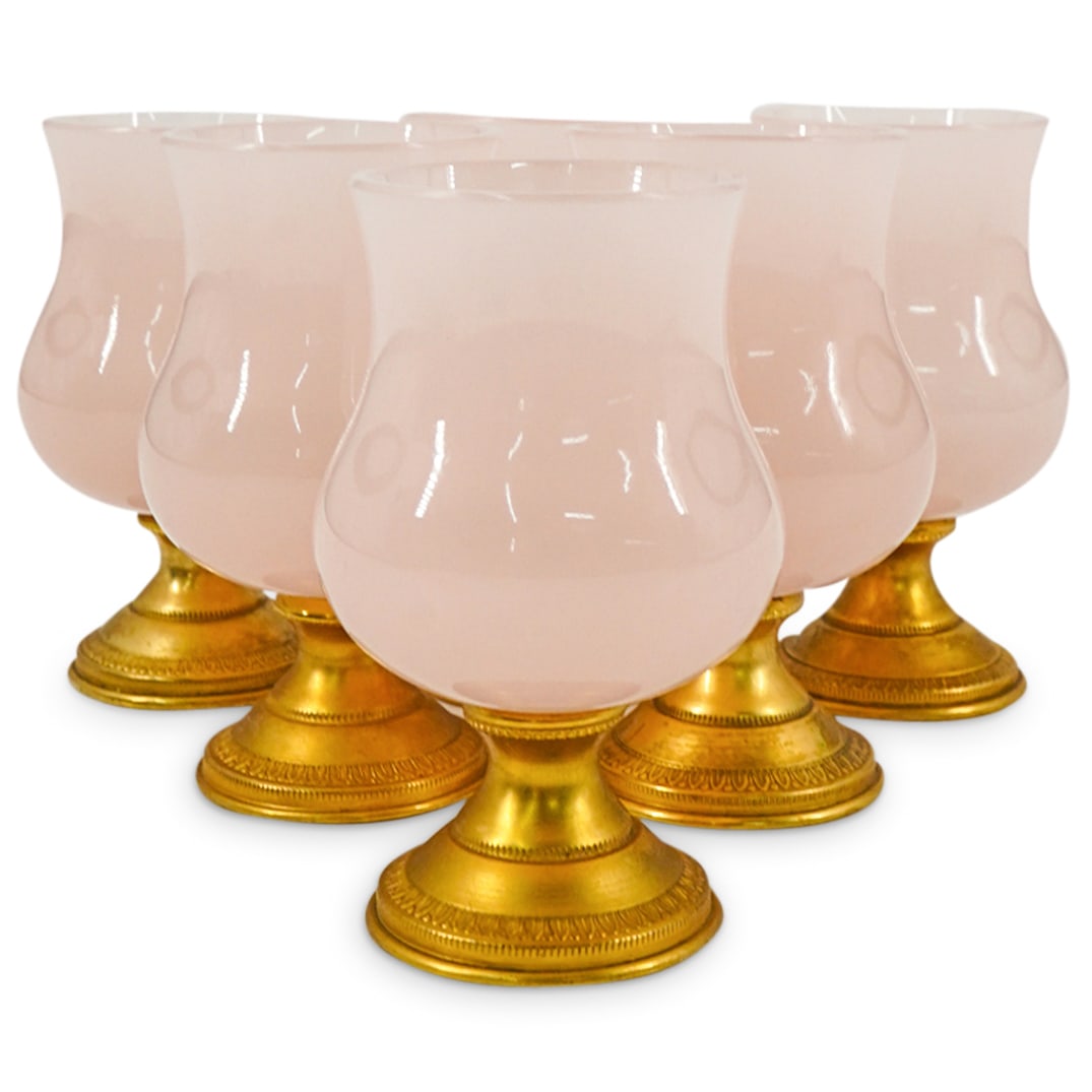 (6 Pc) Antique French Pink Opaline Glass & Gilt Metal Cordial Glasses Set (1 of 3)