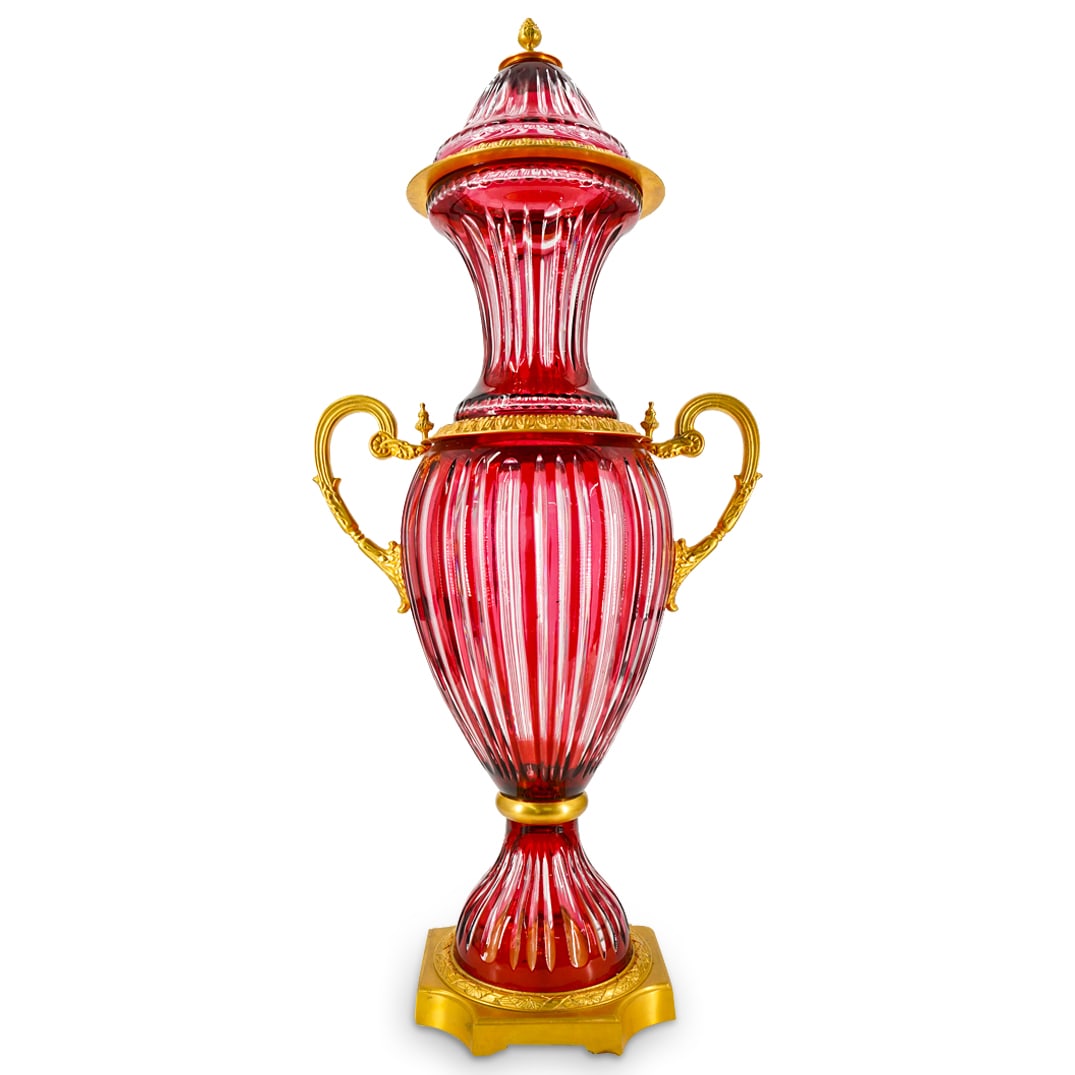 Large Cut Crystal Ruby Red Centerpiece Lidded Urn W/ Gilt Bronze Mount (1 of 9)