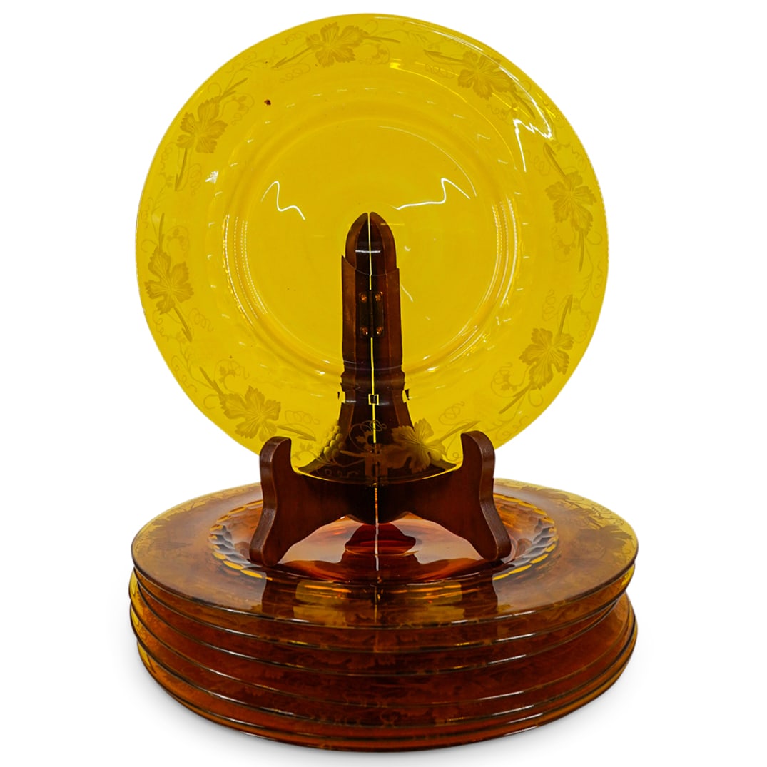 (8 Pc) Val St. Lambert Grapevine Frosted Amber Tone Glass Plates (1 of 3)