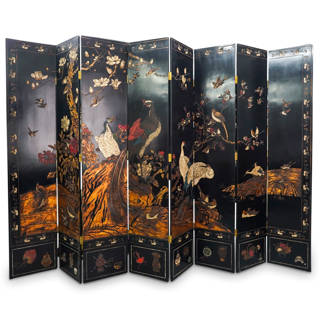 Large Antique Chinese Eight Panel Lacquered Lotus Screen (1 of 11)