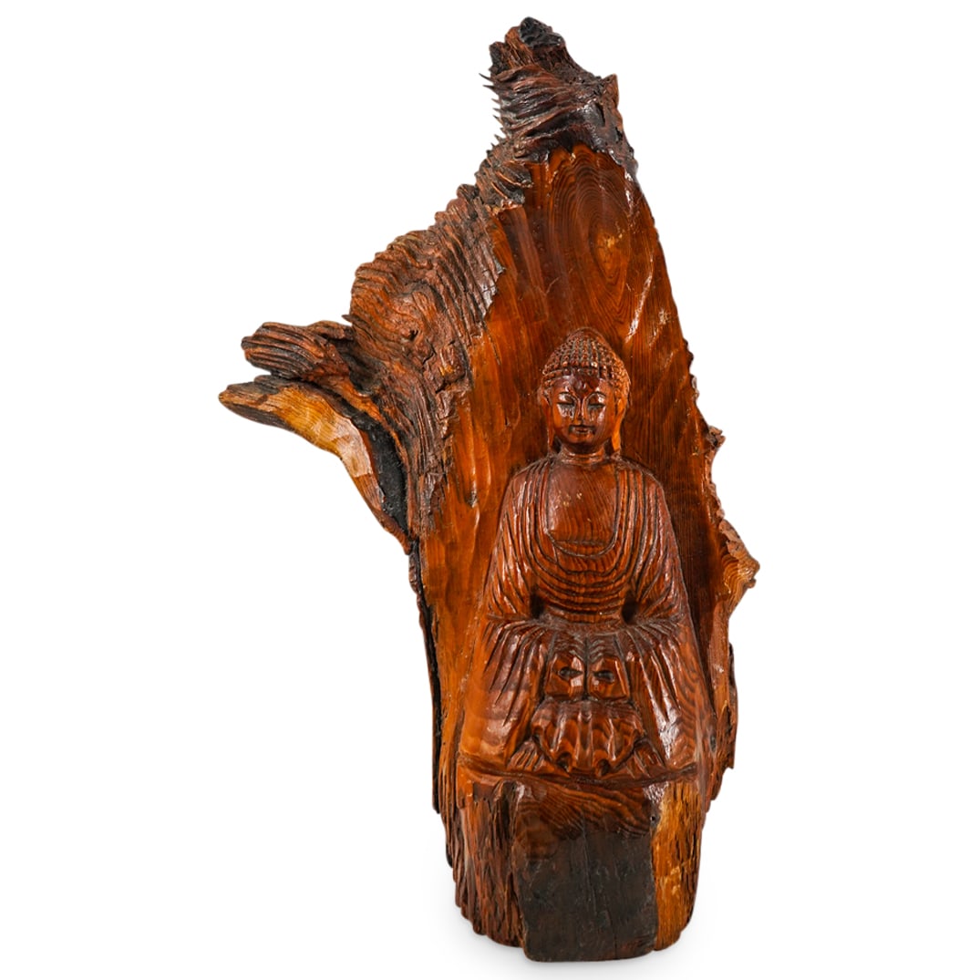 Chinese Root Wood Buddha Sculpture: DESCRIPTION: Chinese root wood sculpture depicting Gautama Buddha. CIRCA: Late 20th - Early 21st Century ORIGIN: Chinese DIMENSIONS: H: 12.75" W: 4" L: 8.75" CONDITION: Chip to base. Unless otherwise 