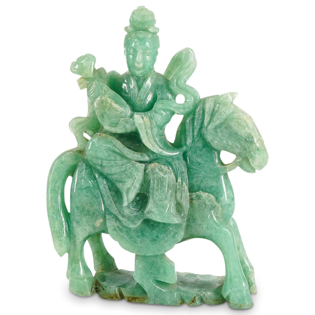 Chinese Green Quartz Horse And Rider Sculpture: DESCRIPTION: Chinese green quartz sculpture depicting a female figure (possibly a tennyo) holding a musical instrument and seated atop a horse. CIRCA: 20th century or later ORIGIN: Chinese DIMENSIONS: