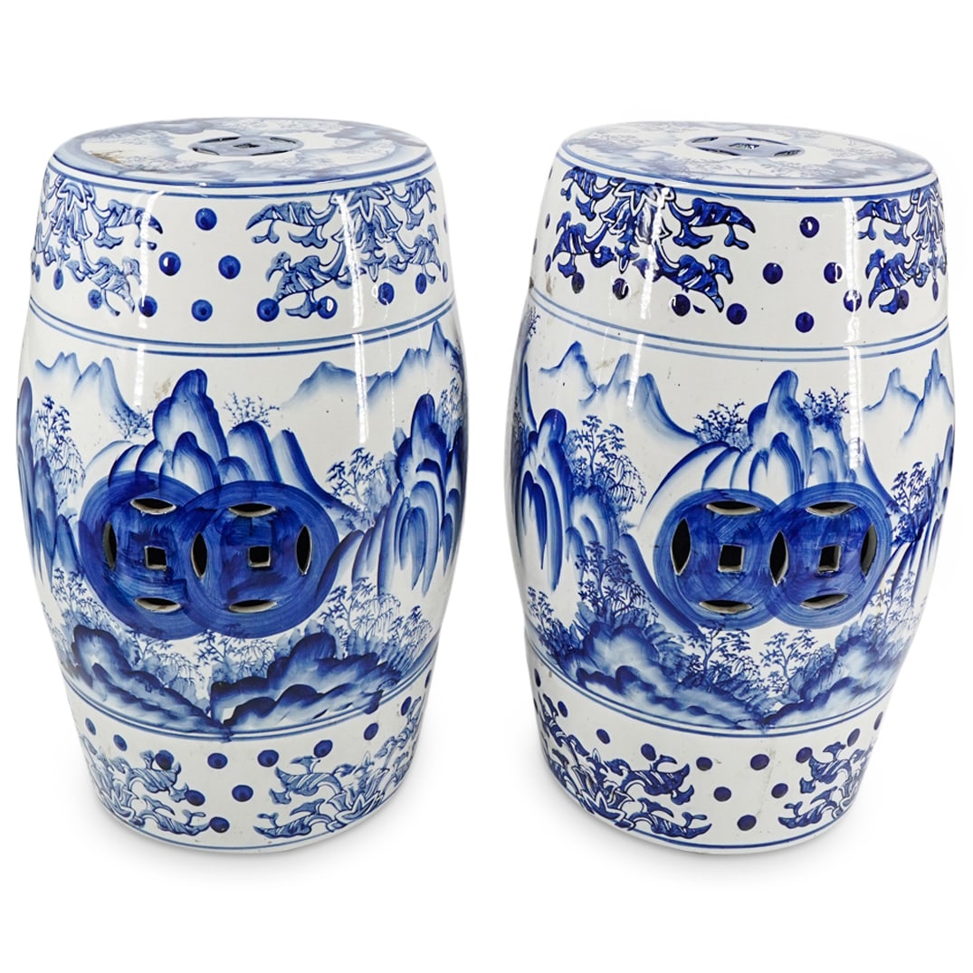 Pair Chinese Blue & White Drum Stools (1 of 8)