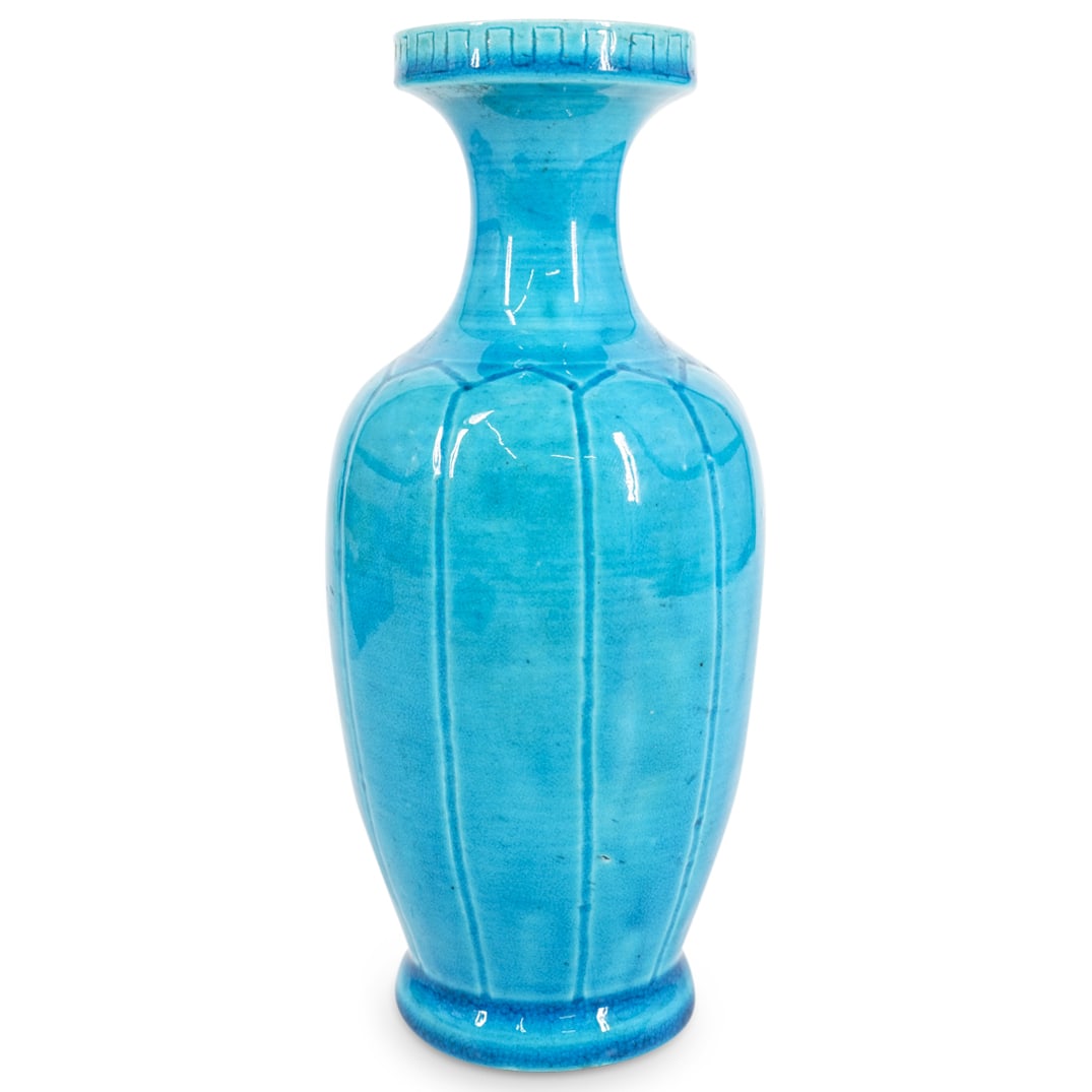 Antique Chinese Turquoise Glazed Porcelain Vase: DESCRIPTION: Antique Chinese porcelain vase features a vibrant turquoise glaze with lobed design, tapered neck, and greek key pattern along rim. Previously converted to table lamp. CIRCA: 19th Century
