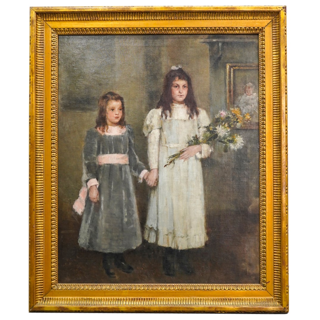 Antique Oil On Canvas Portrait: DESCRIPTION: Antique oil on canvas portrait painting depicting two sisters holding hands, with one sister holding a bouquet of flowers and with a portrait of a baby visible in the background. Apparent