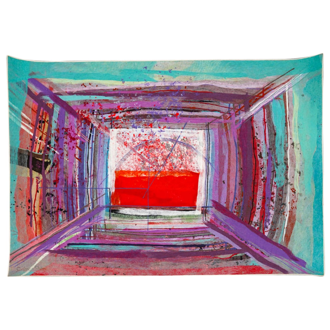 Calman Shemi (Argentinian / Israeli, 1939) "Vibrant Square #4" Hand Dyed Tapestry: DESCRIPTION: Calman Shemi, (Argentinian / Israeli, 1939) hand dyed wool and fiber tapestry soft painting. Signed and Titled "Vibrant Square #4". Signature on Bottom Lower Left. Title and hand signatur
