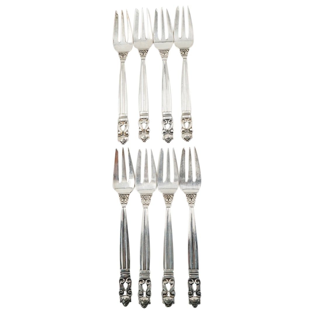 (8 Pc) Vintage Danish Georg Jensen Sterling Silver "Acorn" Pastry Forks (1 of 6)