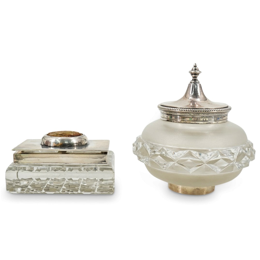 (2 Pc) Antique English Sterling Silver / Glass Inkwell & Stamp Box (1 of 8)