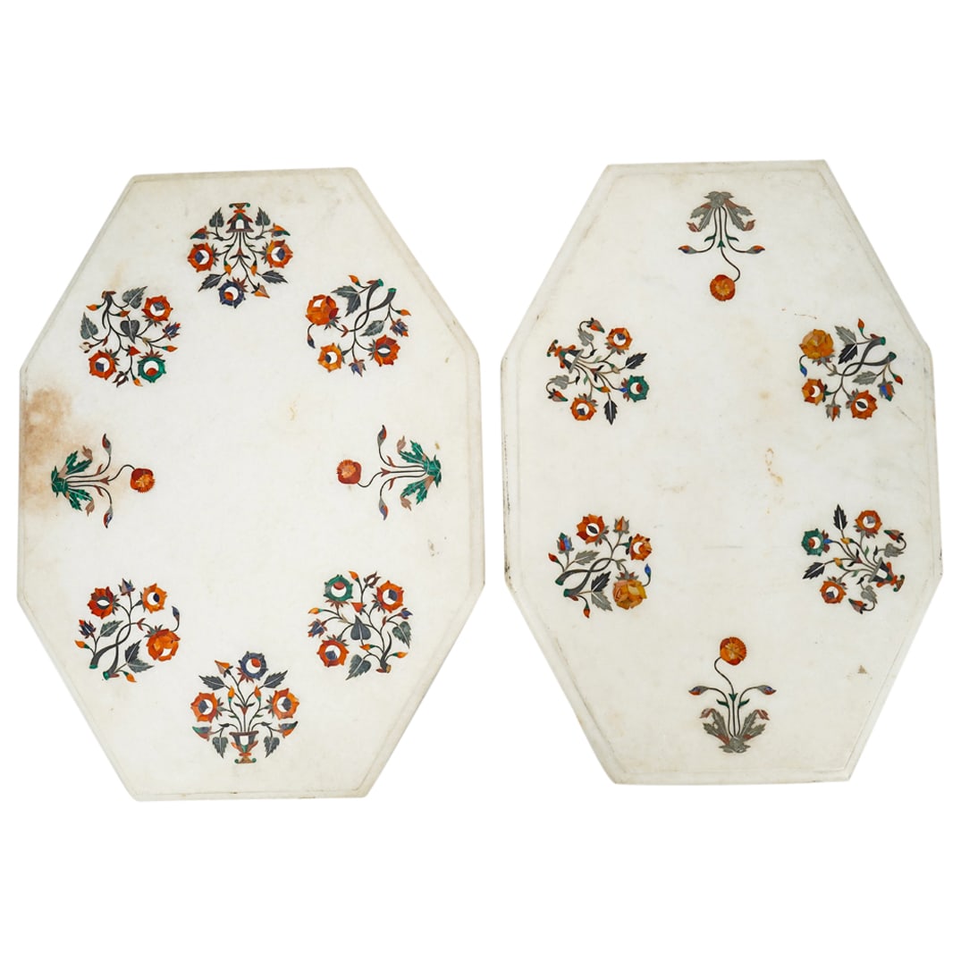 (2 Pc) Pietra Dura White Marble Micro Mosaic Inlay Table Tops (1 of 5)