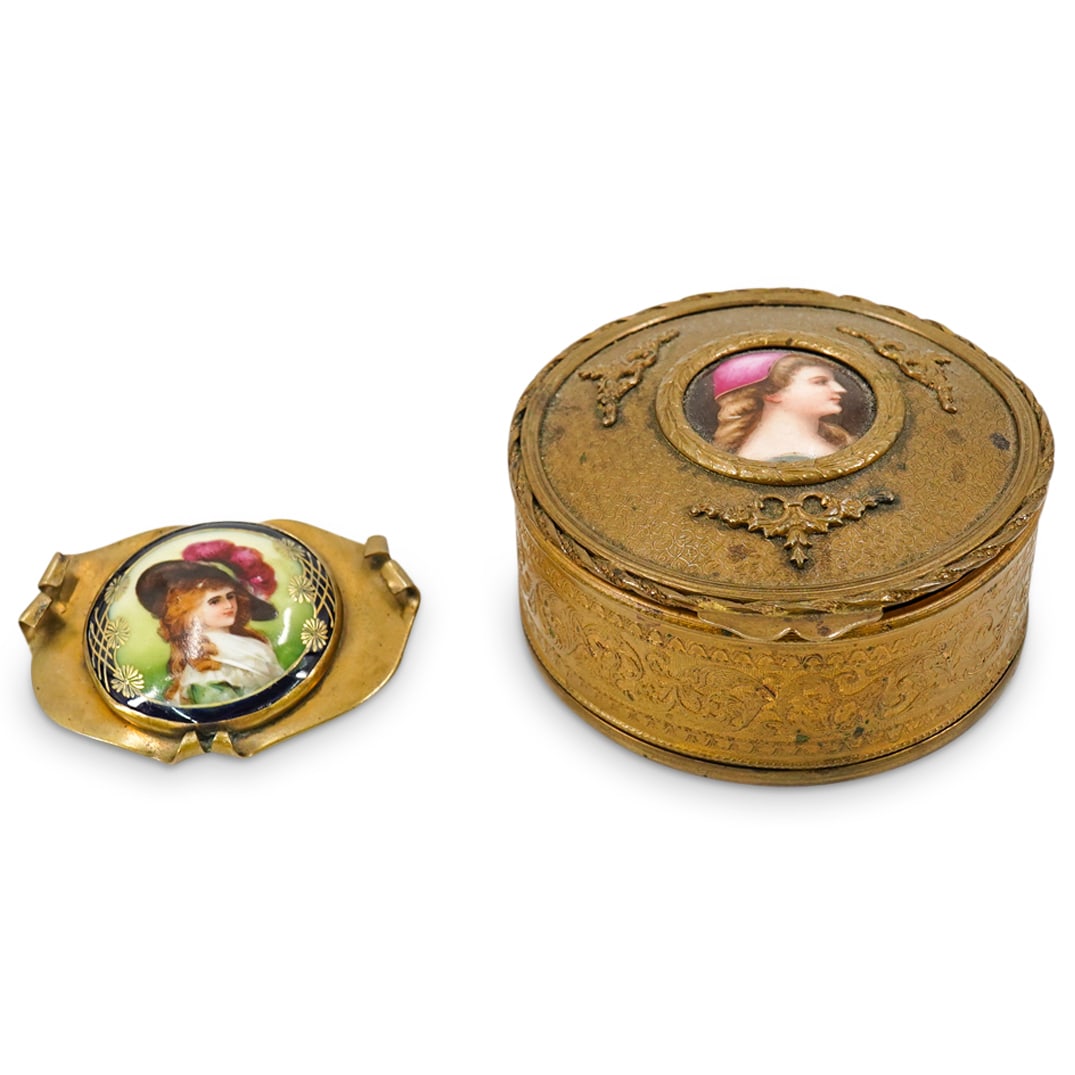 (2 Pc) Antique French Porcelain Bronze Trinket Box & Medallion Brooch Set (1 of 8)
