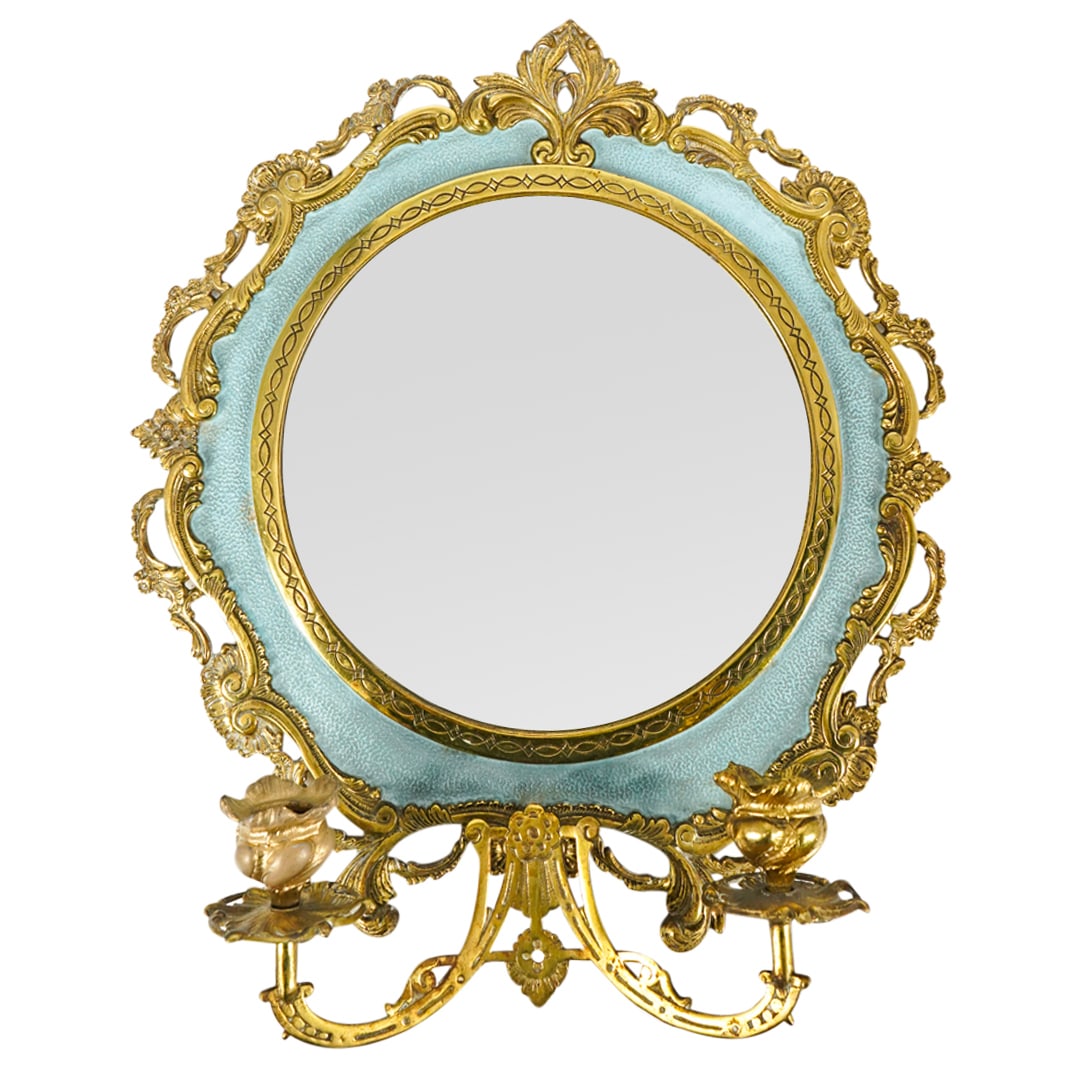 Antique French Brass Wall Mirror Double Candle Sconce (1 of 5)