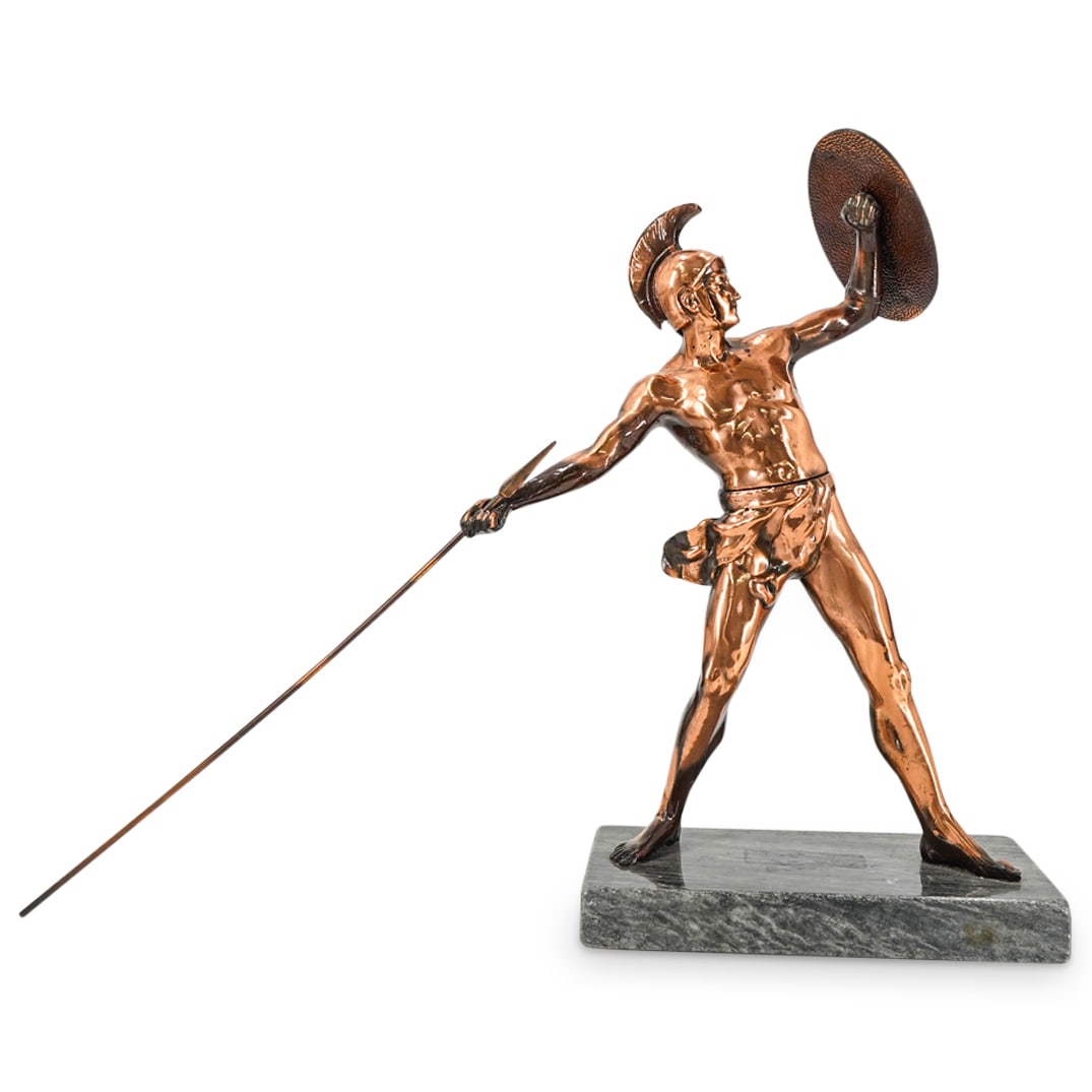Vintage Copper Nude Male "Greek Warrior" Statue: DESCRIPTION: Vintage copper "Greek Warrior" statue figural sculpture depicting a semi nude male warrior figure holding a shield and spear. On a rectangular marble base. CIRCA: 20th Century ORIGIN: DIM