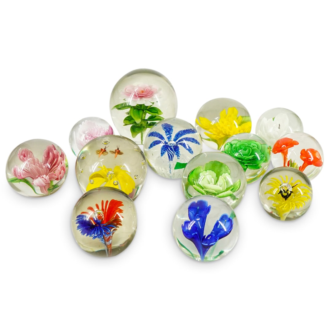 (13 Pc) Art Glass Floral Paperweights (1 of 6)