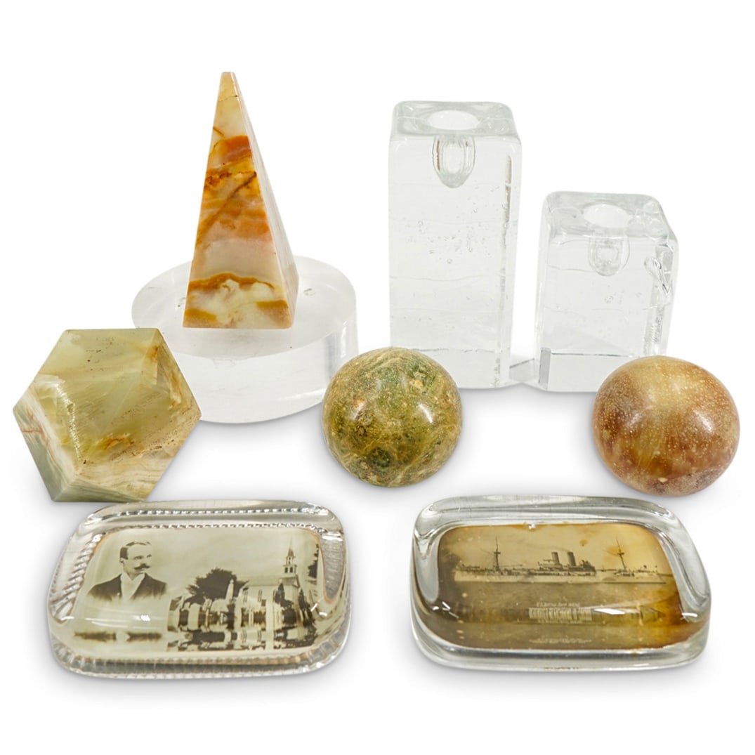 (8 Pc) Glass Candlesticks, Onyx Paperweights & Glass Paperweights (1 of 5)