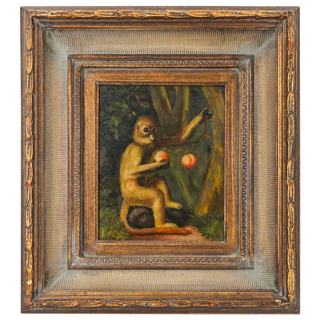 After George Stubbs "A Monkey" Oil Painting On Canvas: DESCRIPTION: Signed small oil painting on canvas depicting a monkey, after George Stubbs "A Monkey" painting. Depicts a Malayan long-tailed or crab-eating macaque. The animal is painted in great detai