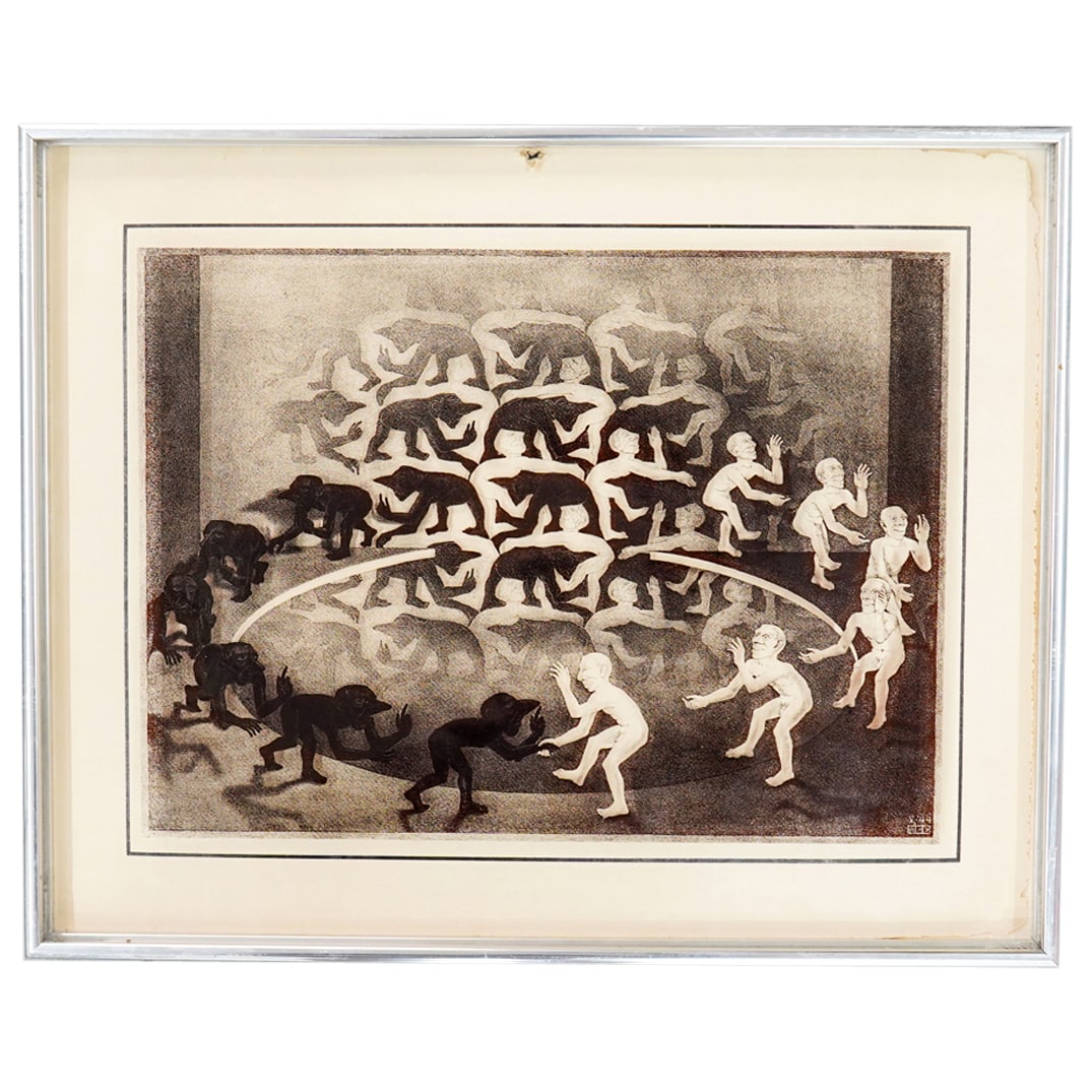 After M.C. Escher (Dutch, 1898-1972) "Encounter" Photograph on Glass: DESCRIPTION: After M.C. Escher (Dutch, 1898-1972) "Encounter" Photograph on glass by Lucid Lines. CIRCA: 1970s ORIGIN: USA DIMENSIONS: H: 16.5" x L: 20.25" CONDITION: Scuffing to frame, small piercing