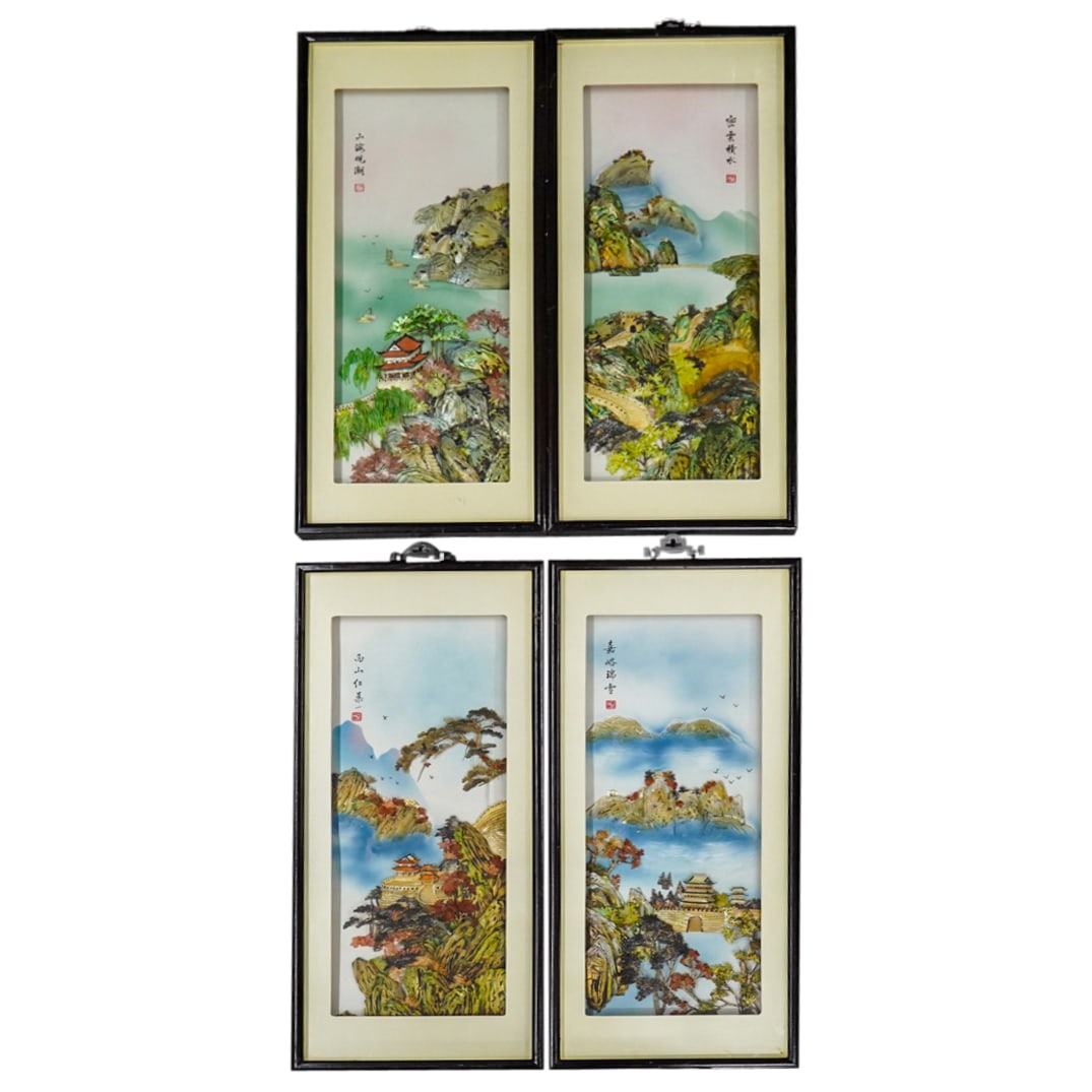 (4 Pc) Chinese Vintage Abalone Seashell Landscape Wall Shadow Box Set (1 of 20)