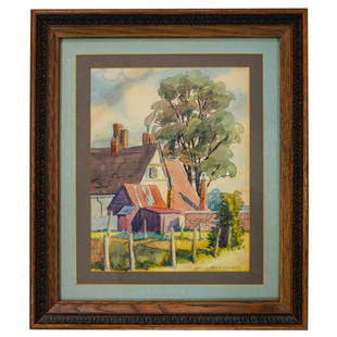 George G. Adomeit (American, 1879-1967) Watercolor Painting: DESCRIPTION: George G. Adomeit (American, 1879-1967) Watercolor on paper painting depicting several building, a brick wall, and a tree. "George G. Adomeit" at lower right. CIRCA: Mid 20th Century ORIG