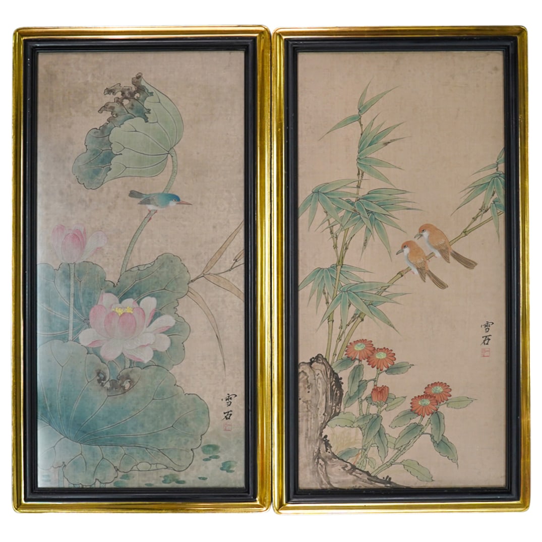 (2 Pc) Antique Chinese Bird Among Foliage Ink On Silks: DESCRIPTION: Two ink on silk paintings, each depicting songbirds among foliage: one titled "Kingfisher & Lotus" depicting a kingfisher perched on a lotus stem, one titled "Daisies, Brown Bird, & Bambo